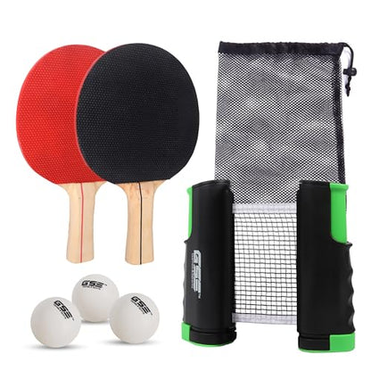 GSE Games & Sports Expert Adjustable Retractable Ping Pong Net Set & Post. Professional Table Tennis Rackets and Balls, Net with Posts and Storage Bag - Pingpong Paddle and Game Table Accessories. | Adjustable, Retractable, Post, Professional, Rackets, Ba