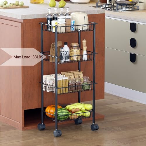 AWTATOS 4-Tier Rolling Cart, Storage Cart with Removable Baskets, Metal Utility Cart with Wheels, for Kitchen, Bathroom, Office, Laundry Room, Black (Patent)