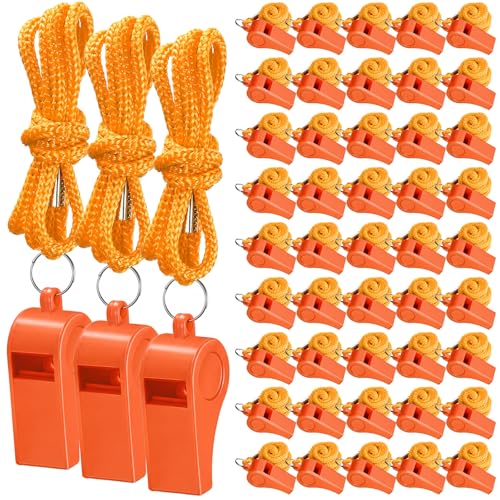 Flutesan 48 Pcs Whistles Bulk with Lanyard Sports Loud Crisp Sound Whistles for Coach Referees Training Emergency - color: Orange