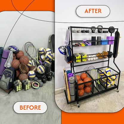 AMPLY Sports Equipment Organizer, Rolling Sports Ball Storage Garage Rack with Large Ball Bins, Side Bat Grid and Multi-Tier Shelves, Steel Rust-Resistant Gear Cart for Families, Schools, Gyms