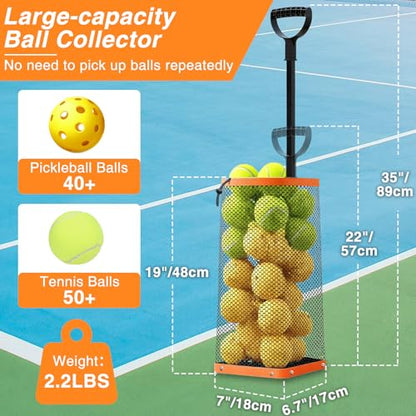 Tennis Ball Hopper,Lightweight Pickleball Picker Upper, Holds 50+ Tennis & 40+ Pickleballs, Portable and Adjustable Height for Court Training, Green Orange Black