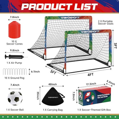 VAVOSPORT Kids Soccer Goals for Backyard Set, 2 Pack Portable Pop Up Soccer Goal with Soccer Net, Size 3 Soccer Ball, Pump, 10 Cones and Carry Bag, Toddler Soccer Training Equipment for Outdoor Games