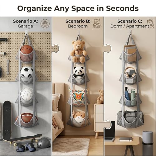 4-Tier Over the Door & Wall Mountable Sports Ball Organizer - Hanging Mesh Rack for Basketball, Helmets, Sneakers & Toys - 12" Extra Wide Pocket Storage for Garage, Nursery & Kids Room, Grey