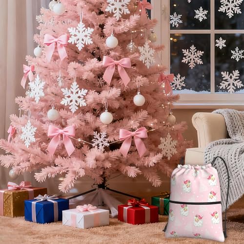 Christmas Tree Santa Claus Drawstring Bag, Waterproof Snowflake Drawstring Bckpack for Gym Sports Xmas Party Gift, Women Durable Pink Sackpack Bag with Front Zipper Pocket and Inside Zipper Pocket - color: Christmas Santa Claus Pink