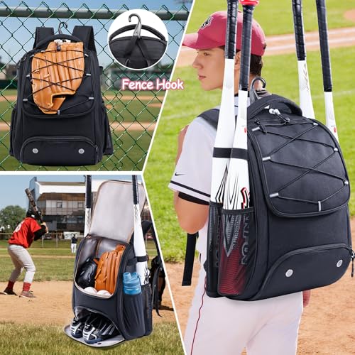 Youth Baseball Bag Backpack with Bat Holder for Boys Girls Baseball & Softball Bat Bag for T-Ball Equipment, Kids Baseball Backpack with Shoe Compartment & Glove Storage - color: Black