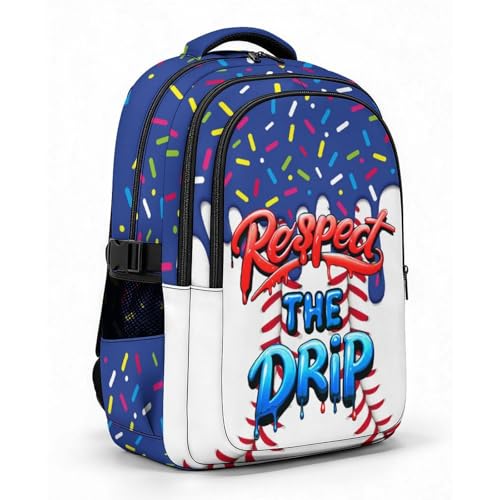 Kids Baseball Backpack Baseball Drip Bookbag, Cool 17 Inch Schoolbag for Elementary High Middle College Students - color: Navy Blue