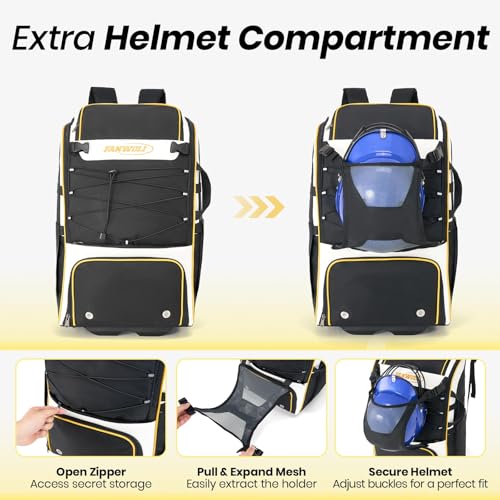Leather Rolling Baseball Bag - Youth Softball Bag with Wheels for Boys Girls - Rain Cover & Mud Guard for Clean Car - Premium 4-Bat Tournament Roller - Large Equipment Organizer