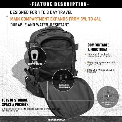Miramrax Tactical Backpack Military Army Daypack - Assault Pack for Men Molle Backpacks Bug Out Bag 3 Day Pack for Hiking Camping Travel Hunting Rucksack Trekking Black - color: Black