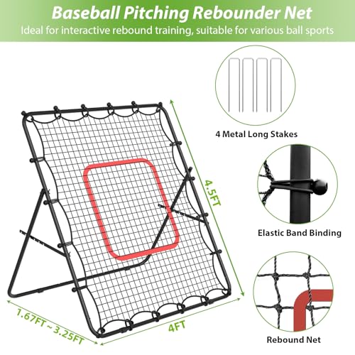 LIANTRAL Baseball Rebounder Net 4 x 4.5FT - Portable Bounce Back Trainer for Soccer, Volleyball, Softball & Lacrosse, Adjustable Kickback Target Goal for Shooting, Passing & Control Training