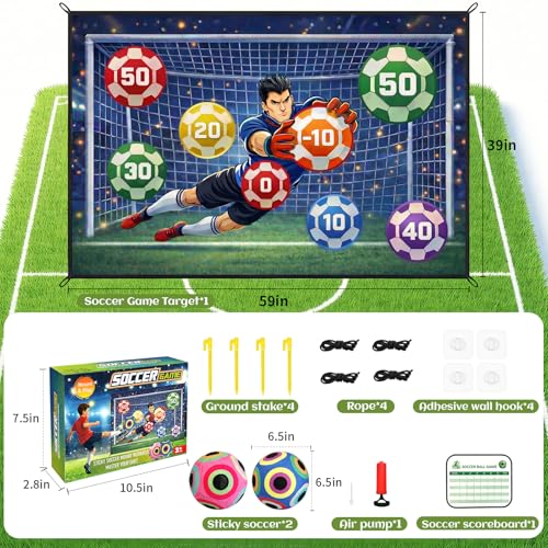 Soccer Ball Game Mat Set for Kids, Sticky Soccer Target Game with 59 x 39 in Flannel Mat, Scoreboard and 2 Balls, Indoor Outdoor Soccer Toys for Ages 3–8 (Medium)
