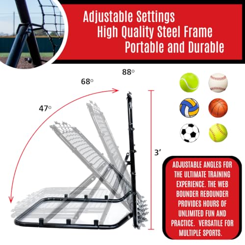 Web Flex® 3x3 ft Portable Rebounder Net | Multi-Sport Trainer for Baseball, Softball, Soccer & Volleyball | Adjustable Pitch Back Net with Steel Frame, Foldable Design & Easy Setup for Drills