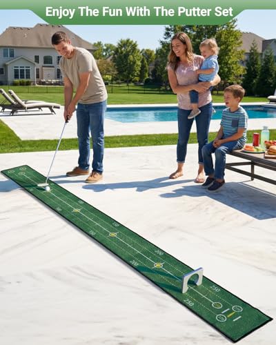 Putting Game,Golf Putting Mat with Three-Track,Indoor Green Putting Game Set, Anti-Slip Backing Golf Putting Green Include 1 Club, 2 Balls, 1 Gate, 1 Portable Storage Box for Indoor/Outdoor