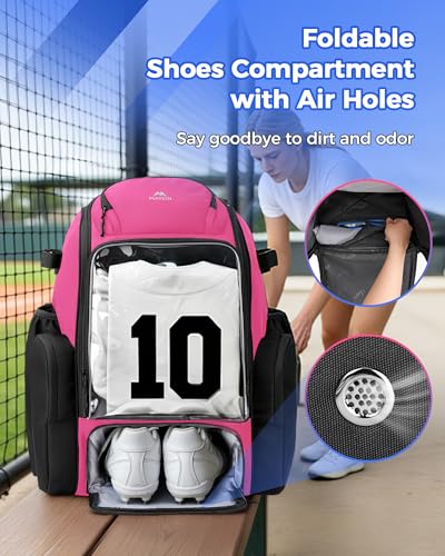 MATEIN PRO Softball Bat Backpack for 4 Bats with Transparent Front Pocket & Folding Board, Large Capacity Bat Bag with Foldable Shoe Compartment for Cleats, Baseball Equipment Bag for Girls & Women - color: Pink