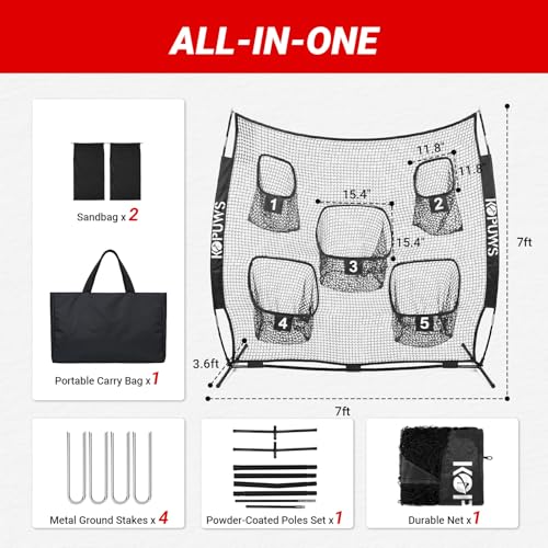 Football Throwing Net: 7x7FT Football Net for Throwing Multi-Sport Practice Net with 5-Target Heavy-Duty Impact-Resistant Throwing & Kicking for Football/Soccer/Baseball/Tennis/Golf with Carry Bag