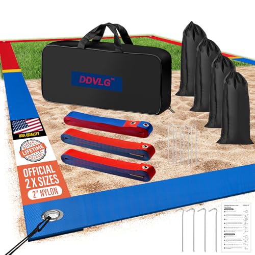 Professional Beach Volleyball Lines for Sand, 2" Nylon | Ultra-Visible Marking | Weather-Enduring, with Metal Anchors & Sandbags, Standard Sizes - 26.3' x 52.6' or 30' x 60' - color: Red+Blue, size: 30 X 60 FT- Beach|Grass