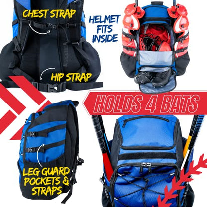 Athletico Dominator Baseball Bag - Softball Bat Bag with Shoes Compartment for Youth, Boys and Adult, Lightweight Baseball Bag with Fence Hook Hold TBall Bat, Batting Mitten, Helmet, Caps, Teeball Gear - color: Blue