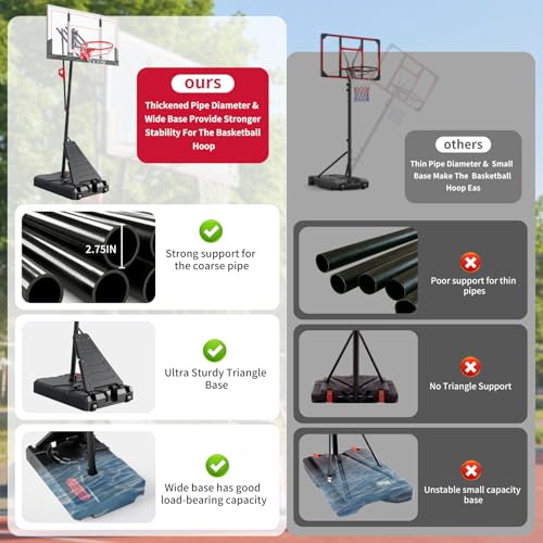 Portable Basketball Hoop, 4.9-10FT Adjustable Basketball Goal System, 44 Inch Outdoor Basketball Hoop for Backyard, Driveway, Court