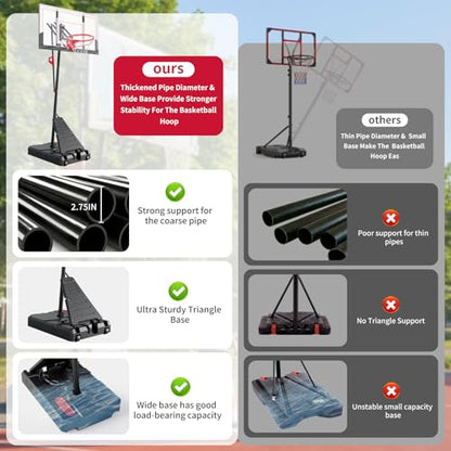 Portable Basketball Hoop, 4.9-10FT Adjustable Basketball Goal System, 44 Inch Outdoor Basketball Hoop for Backyard, Driveway, Court