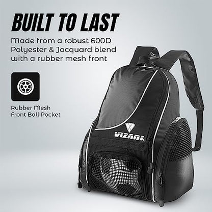 Vizari Solano Soccer Backpack With Ball Compartment and Vented Ball Pocket and Mesh Side Cargo Pockets for Adults and Teens - color: Black