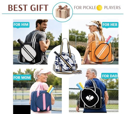 Pickleball Sports Tote Bag with Racket Holder, Neoprene, Adjustable Shoulder Strap - color: White/Blue Camouflage