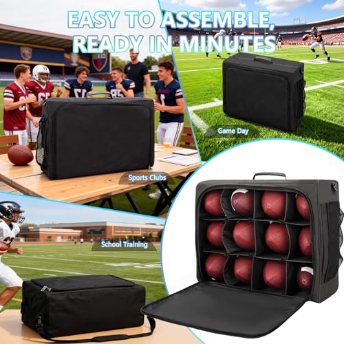 Football Bag Holds 12 Official-Size Footballs, 12-Compartment Ball Carrier with Dividers, Top-Open Organizer Case with Shoulder Strap, Football Team Gear Storage for Practice & Game Day, Bag Only