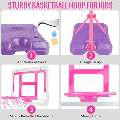 Kids Basketball Hoop with Stand, Adjustable Basketball Set, Toddler Basketball Toys for Boys Age 3 4 5 6 7 8, Indoor Outdoor Backyard Sport Game Gifts Pink - style: Pink Basketball Hoop