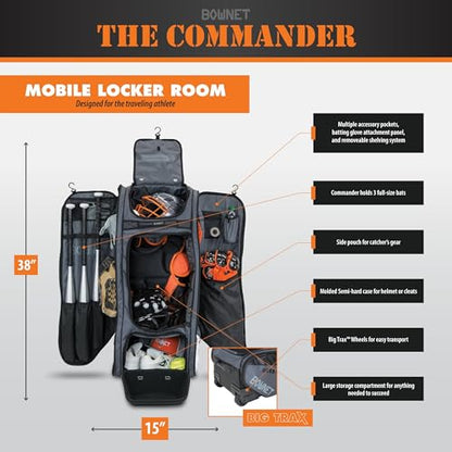 Bownet Commander Catcher’s Gear Bag with Wheels – Heavy Duty Rolling Baseball & Softball Equipment Bag, 14 Pockets, Helmet Case, Big Trax Wheels, Travel Approved - color: Black