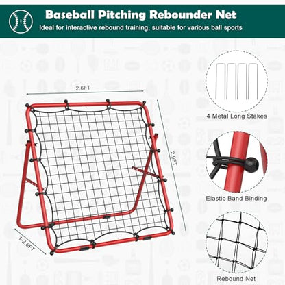 LIANTRAL Baseball Rebounder Net, Adjustable Bounce Back Trainer for Soccer, Volleyball, Softball, Portable Folding Rebounder for Passing & Shooting Practice, Volleyball Rebound Net for Kids, Red
