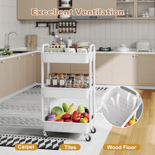 3 Tier Rolling Cart with Wheels, White Plastic Three Tiered Roller Shelf Cart on Lockable Wheels, Small Utility Storage Organzier Carts for Craft, Art, Baby Diaper Caddy, Snack, Dorm, Kitchen,Bathroom