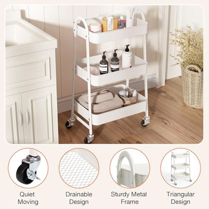 NEWBULIG 3-Tier Rolling Storage Cart, Metal Mobile Utility Organizer Shelf with Lockable Wheels, Space-Saving Freestanding Storage for Bathroom Living Room and Narrow Corner Spaces, White