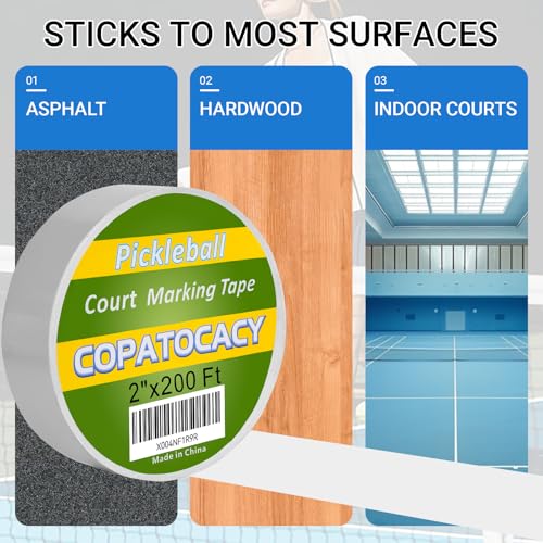 Pickleball Court Tape 2” x 200ft – Heavy Duty Temporary Court Marking Tape for Outdoor & Indoor Courts, Removable Pickleball Lines for Driveway, Gym Floor, Concrete, Basketball, Tennis & Badminton