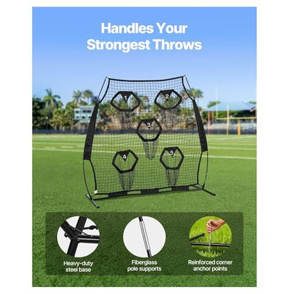 6 x 6 ft Football Trainer Throwing Net, Training Throwing Target Practice Net with 5 Target Pockets, Knotless Net Includes Straps and Portable Carry Case, Improve QB Throwing Accuracy, Black