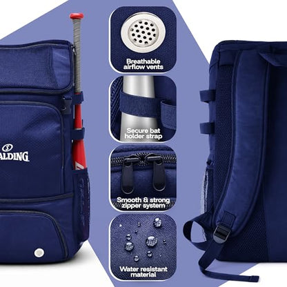 Spalding Baseball Backpack Baseball Bag | Youth & Adult Large Backpack with Compartment for Tball Softball Sports Gear | Fits Bat Glove Shoes Ball Helmet | Waterproof Adult Bat Bag Softball Gift - color: Navy