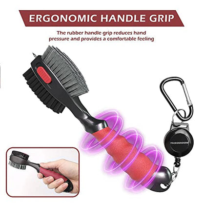 THIODOON 2 Pack Golf Club Brushes and Groove Cleaner 2 ft Retractable Zipline Carabiner Golf Brush Head with Retractable Spike Comfortable Grip Golf Club Cleaner - color: 2pcs Black & Red