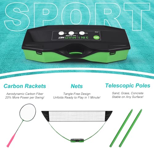 Badminton Set,Volleyball Set,Tennis Set with Storage Base.for Gatherings with Friends,Backyard Fun,Beach outings,Grassy Fields,and Other Outdoor Activities.Complete 3-in-1 Accessory Set.