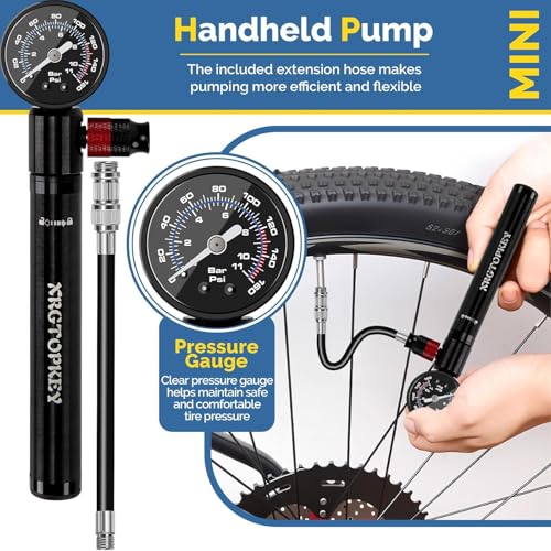 Bike Pump with Gauge, Mini Bike Pump 160 PSI with Pressure Gauge & Ergonomic Grip, Dual Valve Schrader Presta Inflator for Road and Mountain Bike Tires, Ball, Swimming Ring.