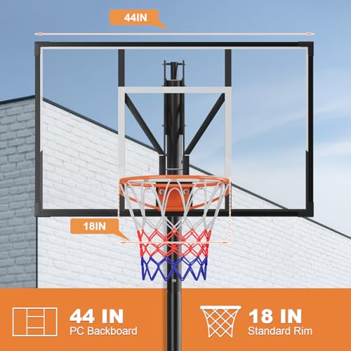 Portable Outdoor Basketball Hoop, 44 Inch Shatterproof PC Backboard, 5-10FT Hand Pull Height Adjustable with Wheels, Perfect for Kids, Teens & Adults, Backyard Driveway Indoor Use