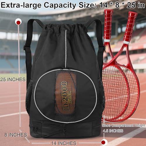 Basketball Backpack, 45 L Drawstring Sports Bag with Large Shoe Compartment and Wet Pockets for Women Men Gym Bag - color: Black-45L