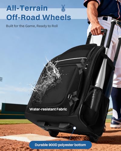 AUROTIER Rolling Baseball Bag with Wheels, Large All-Terrain Wheeled Softball Bag Holds 4 Bats, Water-Resistant Baseball Roller Backpack with Shoe Compartment and Fence Hooks for Players and Coaches - color: Black