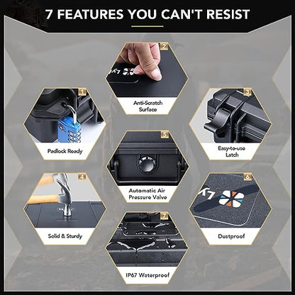 Lykus HC-2510 Waterproof Hard Case with Foam, Interior Size 9.8x7.5x3.7 inch, Suitable for Osmo Pocket/Action/Mobile, Insta360 X5/Ace Pro/Go, GoPro Hero, Coins, Small Electronics and More