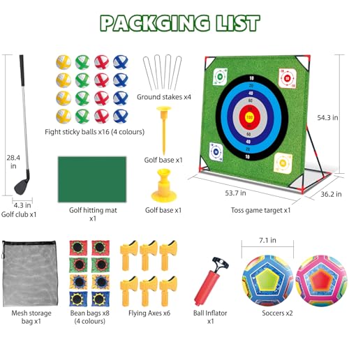 Golf Chipping Game with Stand: 4 in 1 Battle Golf Target Game Set with 16 Sticky Balls, 8 Bean Bags, 2 Soccer Balls, 6 Axes, Indoor Outdoor Yard Games Chipping Practice Mat for Dads Golfers