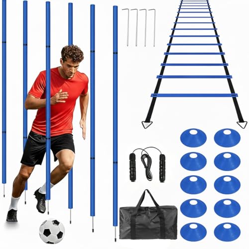 Soccer Agility Training Equipment, 6 Adjustable Soccer Training Agility Poles, 1 Speed Agility Ladder,10 Soccer Agility Cones for Training, 1 Jump Rope + Storage Bag for Youth Soccer Drills