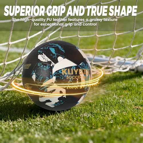 KUYOTQ Soccer Ball, Machine Stitched PU/TPU Leather Soccer Ball Match & Training for Kids Youth Adult, Professional Construction for Durable in and Outdoor Use with Superior Touch