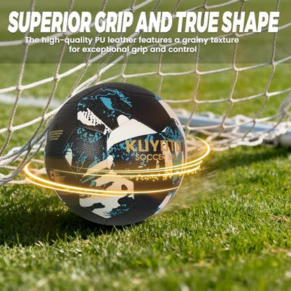 KUYOTQ Soccer Ball, Machine Stitched PU/TPU Leather Soccer Ball Match & Training for Kids Youth Adult, Professional Construction for Durable in and Outdoor Use with Superior Touch