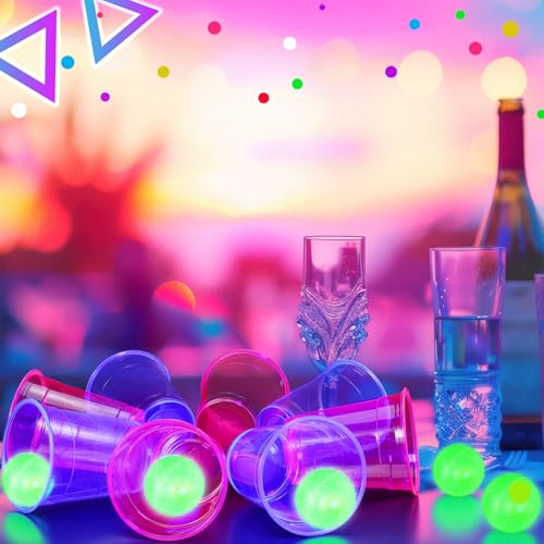 32 Pcs Glow in The Dark Party Table Tennis Game Set Include 24 Pcs Glowing Plastic Cups and 8 Balls for Indoor Outdoor Party Event Birthdays Weddings BBQ Parties - color: Blue and Pink