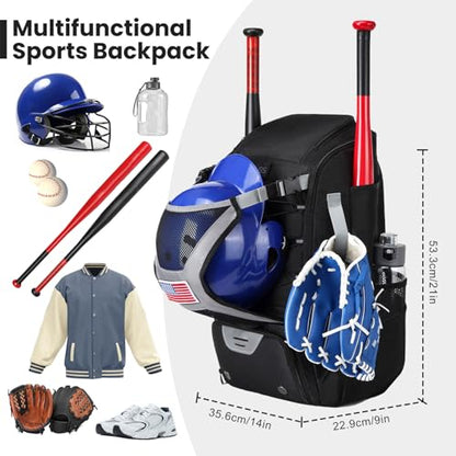 Baseball Bag - Baseball Backpack with Fence Hook, Youth Bat Holder | Softball Bag with Compartments for Batting Helmet, Tee Ball Glove, Boys and Adult Baseball Field Gear