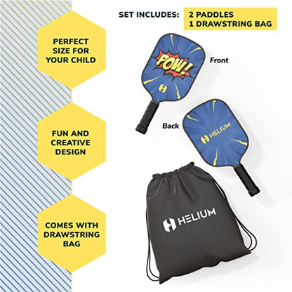Helium Pickleball Paddle for Kids – Child Size Paddle for Children 12 and Under, Lightweight Honeycomb Core, Graphite Strike Face, Pickleball Paddle & Drawstring Bag - POW! - style: 2 Paddle Set