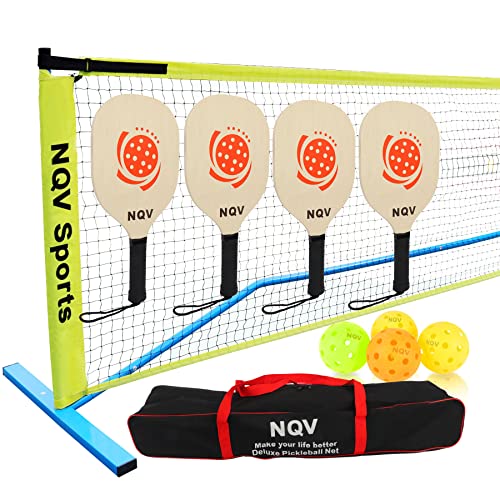 NQV Pickleball Net with 4 USAPA Approved Graphite Pickleball Paddles,Regualtion Size 22FT Pickle Ball Net, Outdoor Pickleballs, Carry Bag, Grip Tape,Weather Resistant Metal Frame - color: yellow