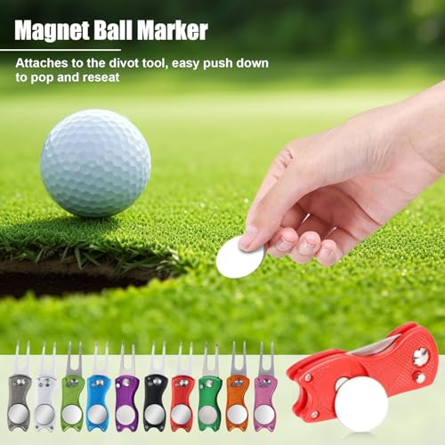 40 Pcs Golf Divot Repair Tool All-Metal Foldable Divot Tool with Magnetic Ball Marker & Pop-Up Button,Aluminum Handle, Stainless Steel Switchblade Bulk Golf Gifts/Accessories 10 Colors