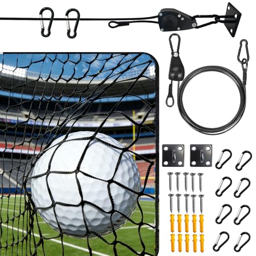 Golf Practice Net with Pre-Assembled Hanging System, 10x10/ 10x15/ 10x20ft Golf Netting for Garage, Self-Locking Pulley & 3/16" PVC Coated Cable, Easy Tension Setup, DIY Sports Netting
